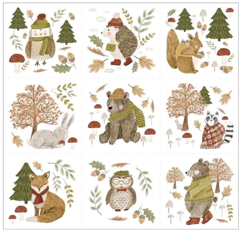 A grid of nine autumn woodland scenes featuring illustrated animals in cozy hats and scarves, surrounded by trees, mushrooms, fall leaves, and whimsical touches like white pumpkin crafts.