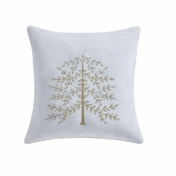 A white square pillow featuring a gold and silver embroidered design of a stylized Christmas tree with a star on top.