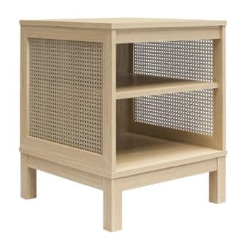 Light wood side table with square legs, woven rattan panels on two sides, and two open shelves. The design is minimalist and modern, showing natural materials and clean lines.