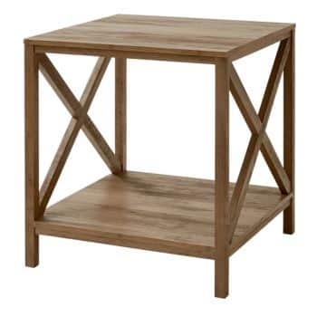 A wooden square side table with an open design, featuring crossed supports on the sides and a lower shelf for additional storage. The table has a natural wood finish.