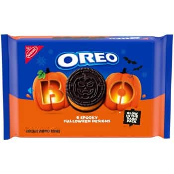 A package of Oreo cookies with a Halloween theme, perfect for halloween treats. It features the word "BOO" carved into pumpkins with an Oreo cookie as the "O." The pack advertises 6 spooky Halloween designs and a glow in the dark pack.
