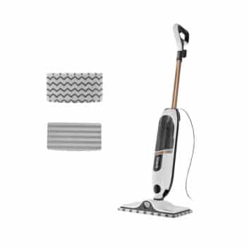 A white and black electric steam mop with a long handle, shown upright, alongside two interchangeable gray cleaning pads with different patterns. The mop has a cord and a transparent water tank.