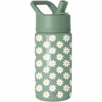 A green water bottle with a handle and spout, decorated with a pattern of white and yellow daisies.