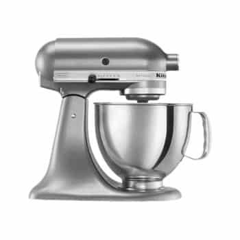 A silver stand mixer with a large stainless steel mixing bowl attached, shown from the side against a white background.