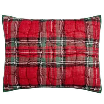 A rectangular pillow with a quilted texture, featuring a red, green, and white plaid pattern.