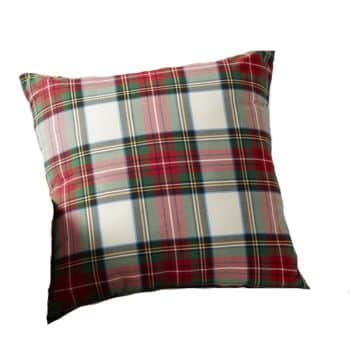 A square pillow with a red, green, and white plaid pattern on fabric, shown against a white background.