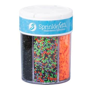 A container of Sprinklefetti Halloween Sprinkles, perfect for halloween treats, divided into three sections with black sprinkles, colorful round sprinkles, and orange confetti sprinkles.
