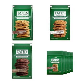Four packages of Tate's Bake Shop cookies are shown. The packaging is green with images of stacked cookies, displaying varieties such as chocolate chip, double chocolate chip, and a pack of small cookies.