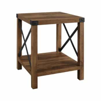 A square wooden side table with a lower shelf, black metal X-shaped supports on the sides, and metal corner accents, in a rustic industrial style.