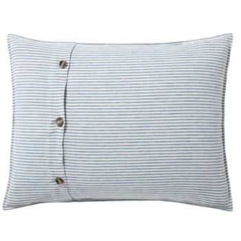 Rectangular pillow with thin horizontal gray and white stripes, featuring three brown buttons along one side for closure.