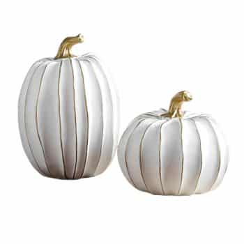 Two decorative white pumpkins with gold stems are displayed side by side. Featuring elegant vertical ridges and a glossy finish, these white pumpkin crafts include one taller and one shorter, rounder design.