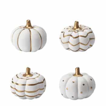 Four small white ceramic pumpkins with gold-painted stems and patterns—stripes, chevrons, lines, and polka dots—arranged in a 2x2 grid on a white background, perfect for inspiring your next white pumpkin crafts project.