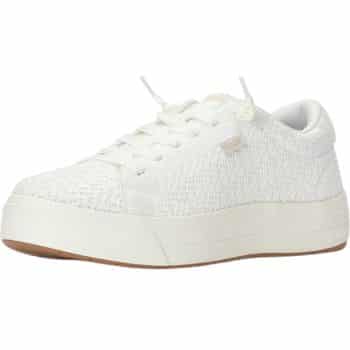 A white casual sneaker with a textured fabric upper, white laces, and a thick white sole with a light brown bottom.
