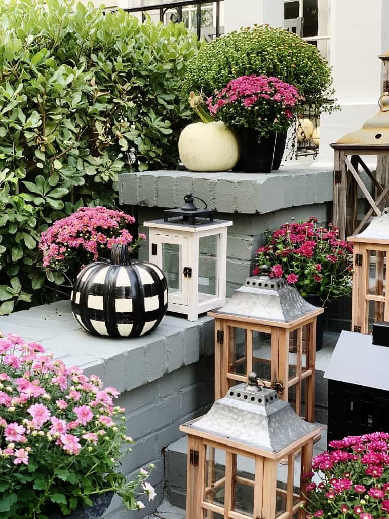 Outdoor steps decorated with pink chrysanthemums, wooden lanterns, a white lantern, white pumpkin crafts, and a black-and-white striped pumpkin, surrounded by green bushes.