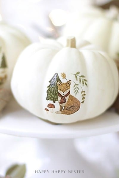 Three white pumpkins with delicate animal illustrations, created using temporary tattoos, sit on a white cake stand surrounded by dried leaves—a perfect example of pumpkin decorating ideas without carving in a soft, light-filled setting.