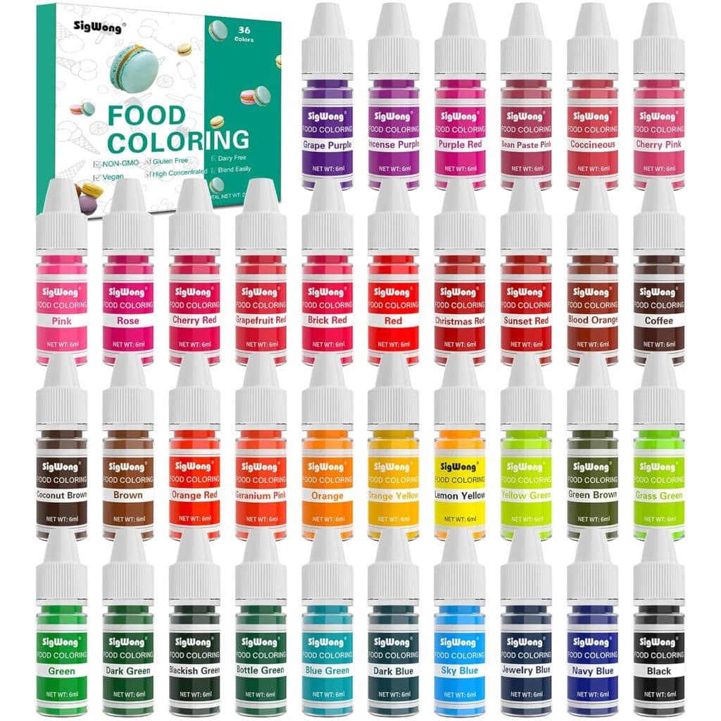 A set of 36 bottles of SigWong food coloring in vibrant shades, perfect for creating a festive Halloween bark recipe. Each bottle is labeled with its color name and displayed in rows, with the box packaging shown in the top left corner.