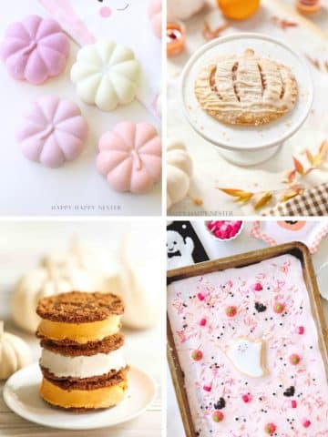 A collage of four fall-themed desserts: pastel pumpkin-shaped meringues, a pumpkin-shaped hand pie, ice cream sandwiches with crumbly cookies, and a pink sheet cake decorated with Halloween sprinkles and festive halloween treats.