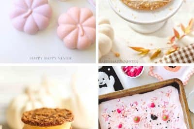 A collage of four fall-themed desserts: pastel pumpkin-shaped meringues, a pumpkin-shaped hand pie, ice cream sandwiches with crumbly cookies, and a pink sheet cake decorated with Halloween sprinkles and festive halloween treats.