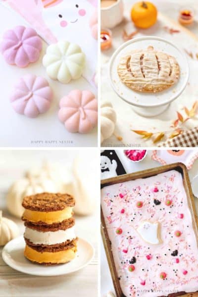 A collage of four fall-themed desserts: pastel pumpkin-shaped meringues, a pumpkin-shaped hand pie, ice cream sandwiches with crumbly cookies, and a pink sheet cake decorated with Halloween sprinkles and festive halloween treats.