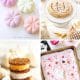 A collage of four fall-themed desserts: pastel pumpkin-shaped meringues, a pumpkin-shaped hand pie, ice cream sandwiches with crumbly cookies, and a pink sheet cake decorated with Halloween sprinkles and festive halloween treats.