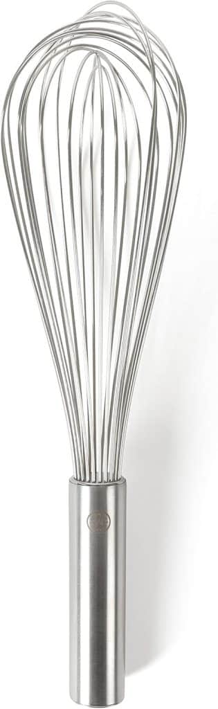 A stainless steel wire whisk with a cylindrical handle, perfect for mixing your favorite pumpkin bread pudding recipe, photographed on a white background.