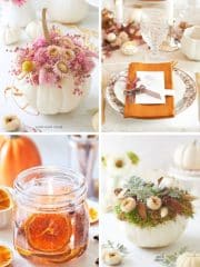 My Favorite Thanksgiving Decor A collage of my favorite Thanksgiving decor: pink flowers in a white pumpkin, an elegant fall table setting, a jar with dried oranges and a candle, and a white pumpkin adorned with succulents and dried flowers.