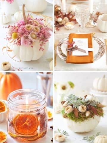A collage of my favorite Thanksgiving decor: pink flowers in a white pumpkin, an elegant fall table setting, a jar with dried oranges and a candle, and a white pumpkin adorned with succulents and dried flowers.