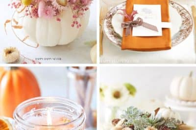 A collage of my favorite Thanksgiving decor: pink flowers in a white pumpkin, an elegant fall table setting, a jar with dried oranges and a candle, and a white pumpkin adorned with succulents and dried flowers.