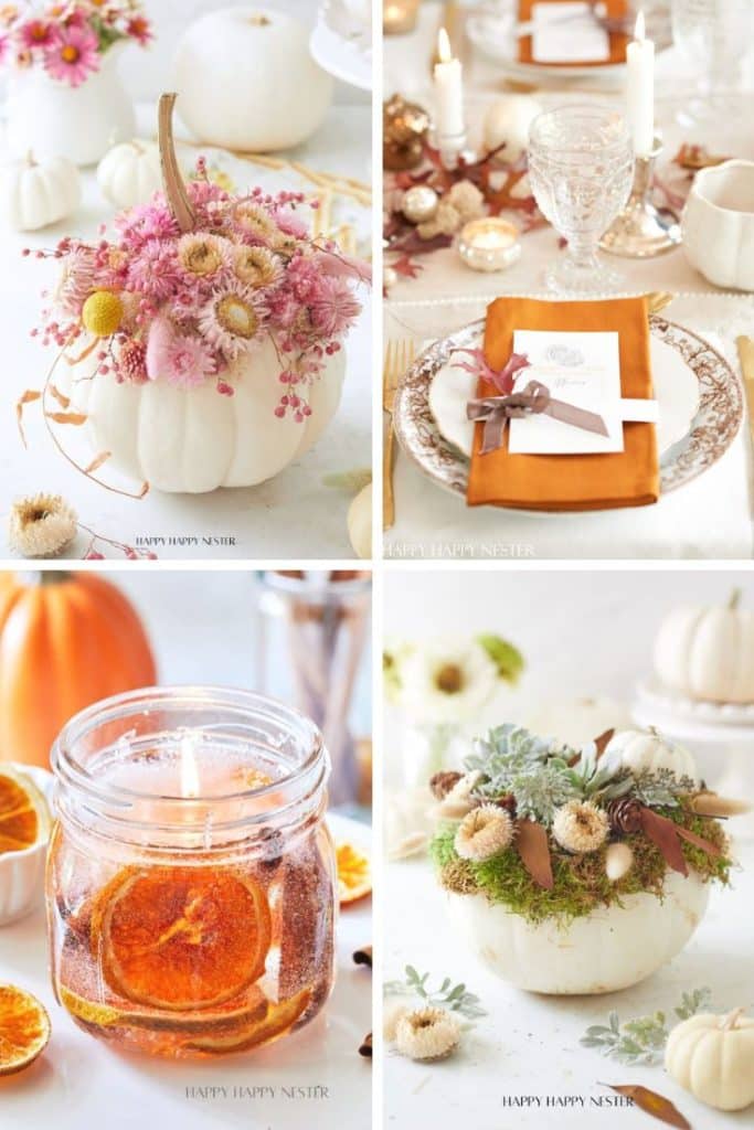 A collage of my favorite Thanksgiving decor: pink flowers in a white pumpkin, an elegant fall table setting, a jar with dried oranges and a candle, and a white pumpkin adorned with succulents and dried flowers.