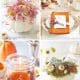 A collage of my favorite Thanksgiving decor: pink flowers in a white pumpkin, an elegant fall table setting, a jar with dried oranges and a candle, and a white pumpkin adorned with succulents and dried flowers.