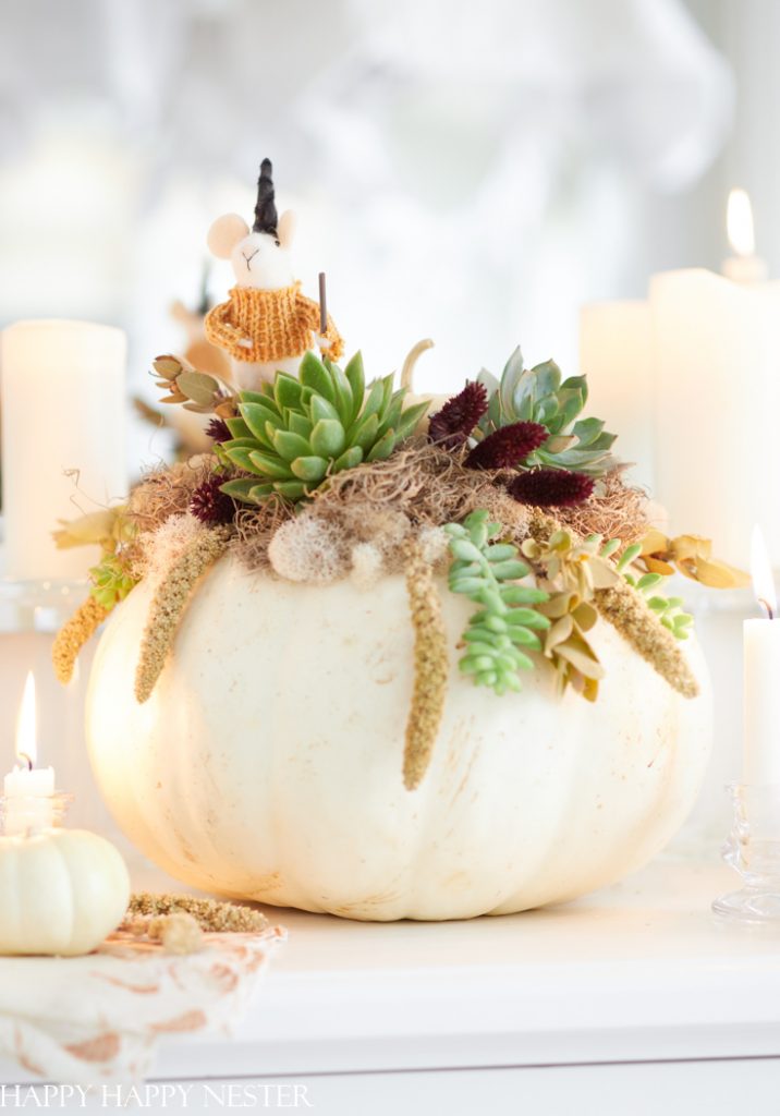 A charming example of white pumpkin crafts, this piece features a white pumpkin adorned with succulents, dried flowers, and moss. A tiny knitted mouse in a party hat sits on top, with candles and a mini pumpkin in the background.