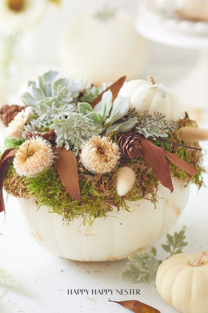 A white pumpkin craft serves as the base for a fall arrangement with succulents, dried flowers, moss, brown leaves, and pinecones, creating a natural and festive decoration.