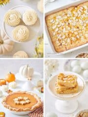 Thanksgiving Treats A collage of four autumn Thanksgiving treats: cupcakes with frosting, an almond-topped bar, a pumpkin pie with leaf-shaped crust, and two layered dessert bars on a cake stand, all surrounded by small pumpkins and festive decor.
