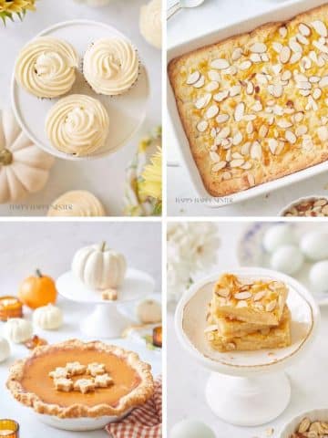 A collage of four autumn Thanksgiving treats: cupcakes with frosting, an almond-topped bar, a pumpkin pie with leaf-shaped crust, and two layered dessert bars on a cake stand, all surrounded by small pumpkins and festive decor.