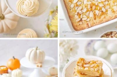A collage of four autumn Thanksgiving treats: cupcakes with frosting, an almond-topped bar, a pumpkin pie with leaf-shaped crust, and two layered dessert bars on a cake stand, all surrounded by small pumpkins and festive decor.