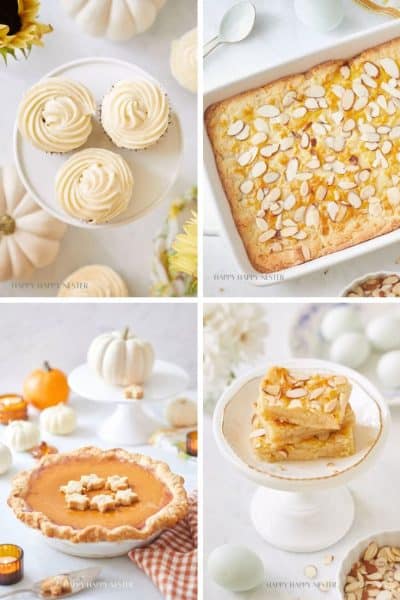 A collage of four autumn Thanksgiving treats: cupcakes with frosting, an almond-topped bar, a pumpkin pie with leaf-shaped crust, and two layered dessert bars on a cake stand, all surrounded by small pumpkins and festive decor.