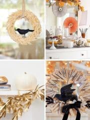 Collage of four fall-themed wall crafts for fall, featuring wheat and book page wreaths with black crows, a mantel with a white pumpkin and gold garland, and a festive table with orange fans and autumn leaves.