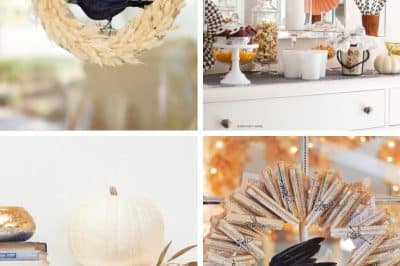 Collage of four fall-themed wall crafts for fall, featuring wheat and book page wreaths with black crows, a mantel with a white pumpkin and gold garland, and a festive table with orange fans and autumn leaves.