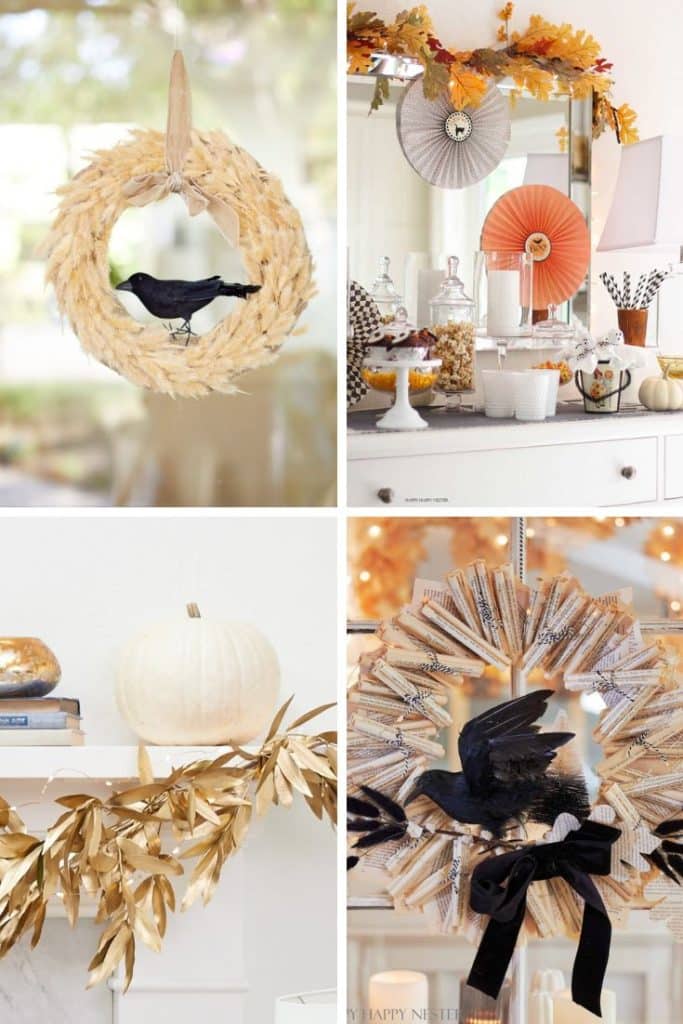 Collage of four fall-themed wall crafts for fall, featuring wheat and book page wreaths with black crows, a mantel with a white pumpkin and gold garland, and a festive table with orange fans and autumn leaves.