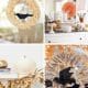 Collage of four fall-themed wall crafts for fall, featuring wheat and book page wreaths with black crows, a mantel with a white pumpkin and gold garland, and a festive table with orange fans and autumn leaves.