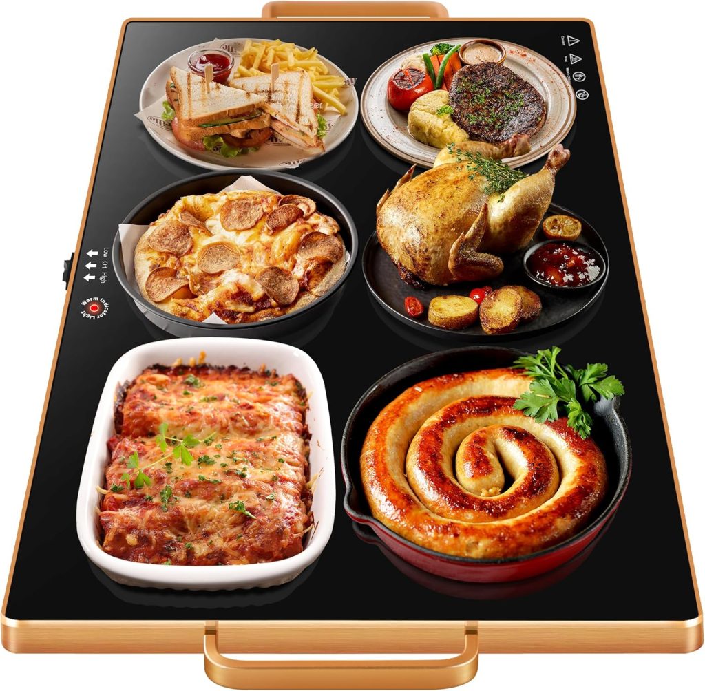 A variety of dishes on a rectangular black serving tray, including a sandwich with fries, steak with vegetables, roast chicken with potatoes, pizza, lasagna, and spiral sausage—an enticing spread of savory Thanksgiving treats garnished with parsley.