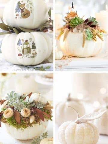 A collage of four white pumpkin crafts: one with painted woodland animals, another adorned with dried flowers and moss, a third filled with succulents and autumn leaves, and one shimmering in white glitter with a sparkling stem.