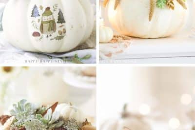 A collage of four white pumpkin crafts: one with painted woodland animals, another adorned with dried flowers and moss, a third filled with succulents and autumn leaves, and one shimmering in white glitter with a sparkling stem.