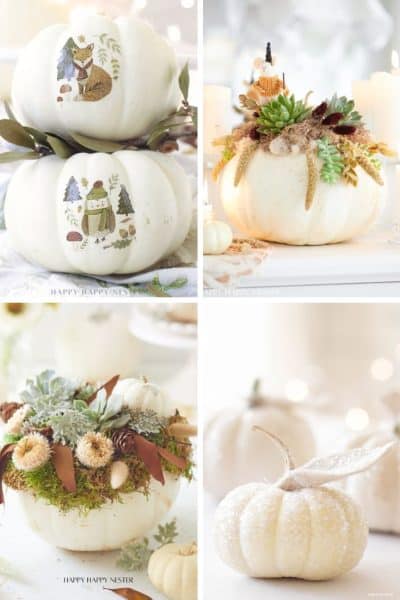 A collage of four white pumpkin crafts: one with painted woodland animals, another adorned with dried flowers and moss, a third filled with succulents and autumn leaves, and one shimmering in white glitter with a sparkling stem.