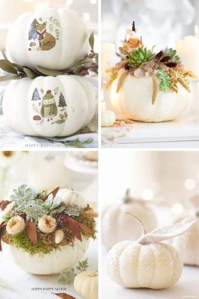 A collage of four white pumpkin crafts: one with painted woodland animals, another adorned with dried flowers and moss, a third filled with succulents and autumn leaves, and one shimmering in white glitter with a sparkling stem.