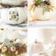 A collage of four white pumpkin crafts: one with painted woodland animals, another adorned with dried flowers and moss, a third filled with succulents and autumn leaves, and one shimmering in white glitter with a sparkling stem.