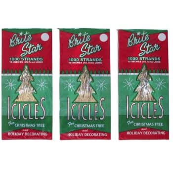 Three packages of Brite Star Icicles for Christmas tree and holiday decorating—perfect for my favorite holiday home crafts! Each pack has 1,000 silver tinsel strands, with green and red packaging featuring a white star and Christmas tree design.