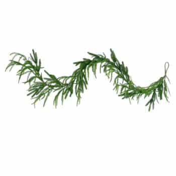 A green pine garland with needle-like leaves arranged in a wavy line, with loops at each end for hanging, against a white background.