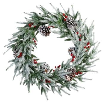 A festive wreath made of pine branches dusted with snow, decorated with pinecones and clusters of red berries, arranged in a circular shape.