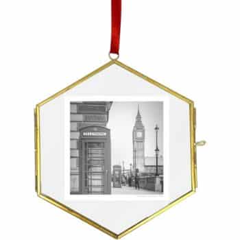 Hexagonal gold-framed ornament with a red ribbon, featuring a black and white photo of London’s Big Ben and a red telephone booth—perfect for adding a touch of city charm to your Christmas tree crafts.